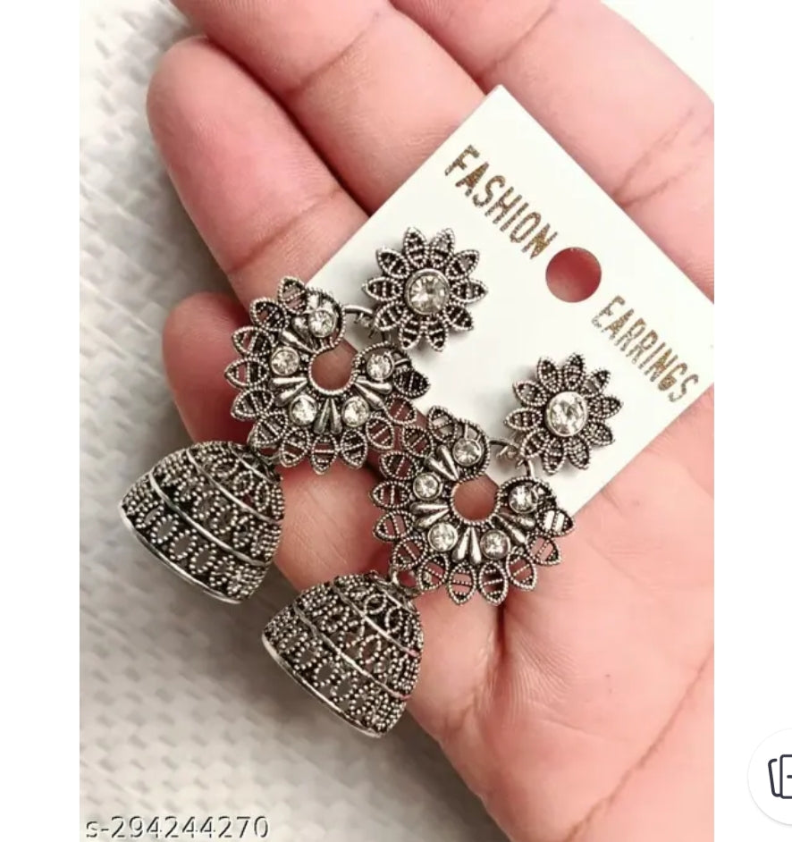 Exquisite 4-Pair Combo of Oxidized Silver Jhumka Earrings