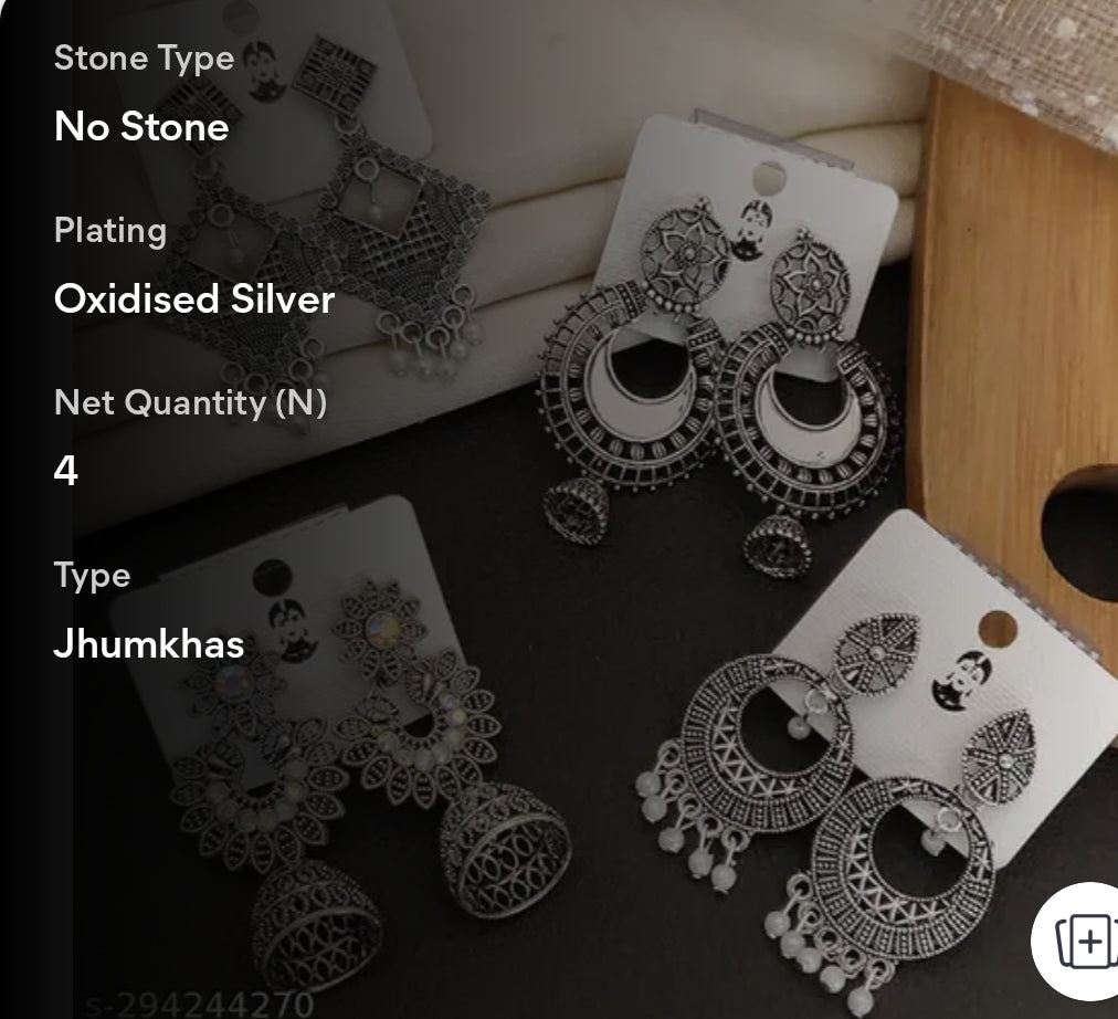 Exquisite 4-Pair Combo of Oxidized Silver Jhumka Earrings