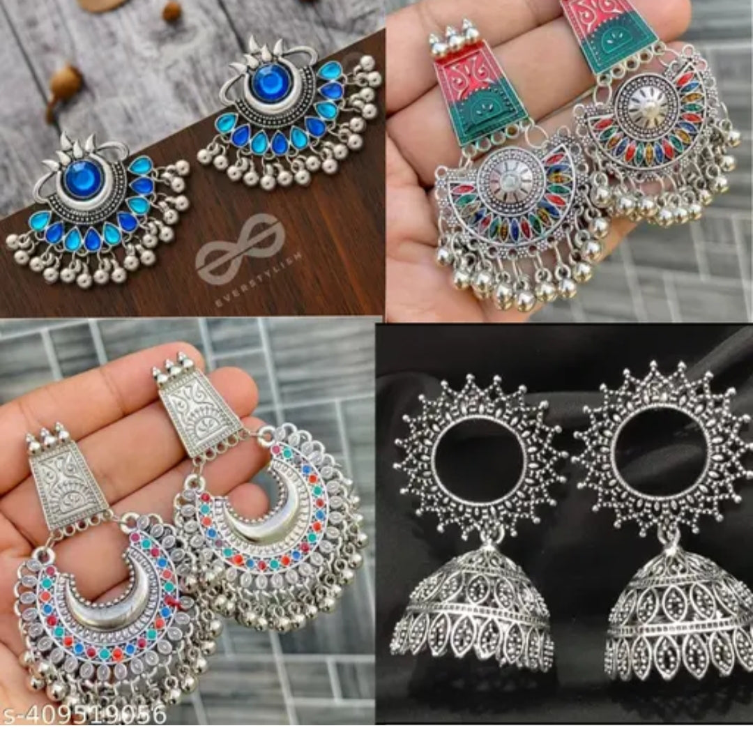 Exquisite 4-Pair Combo of Multicolor Oxidized Silver Earrings