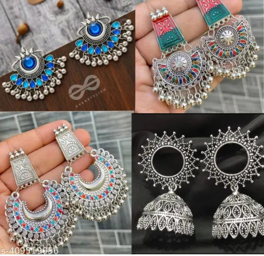 Exquisite 4-Pair Combo of Multicolor Oxidized Silver Earrings