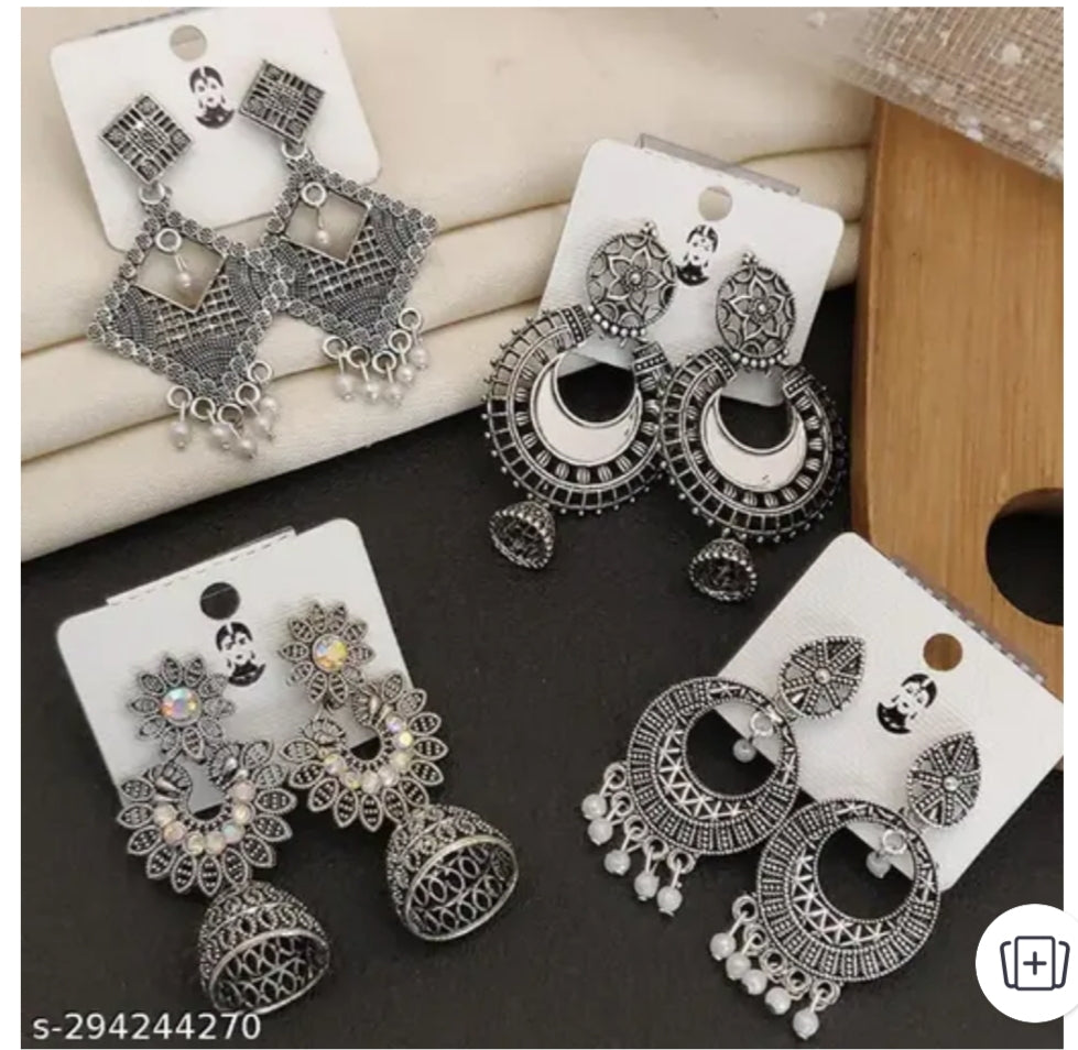 Exquisite 4-Pair Combo of Oxidized Silver Jhumka Earrings