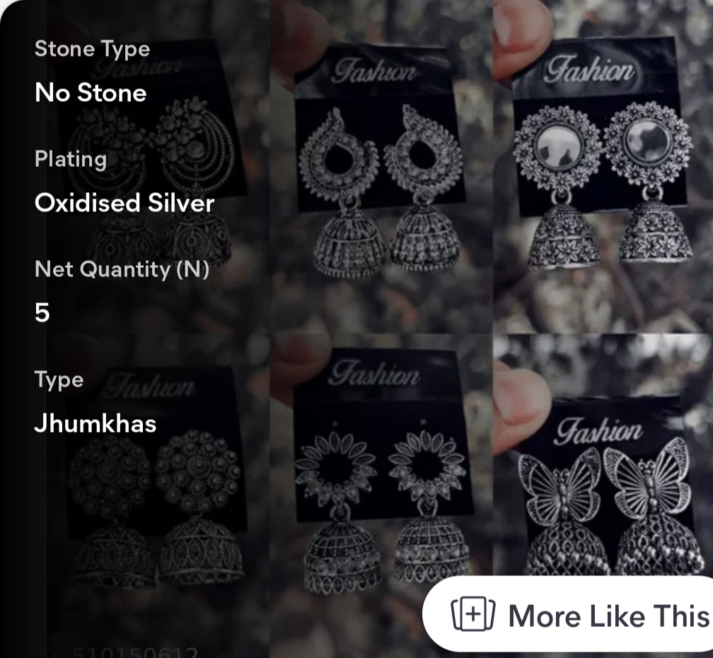 Exquisite 5-Piece Oxidized Silver Jhumka Earrings Combo