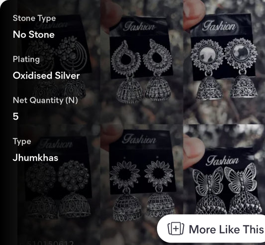 Exquisite 5-Piece Oxidized Silver Jhumka Earrings Combo