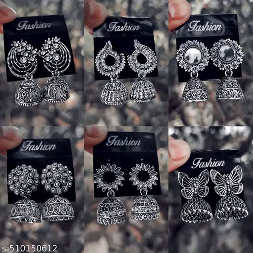 Exquisite 5-Piece Oxidized Silver Jhumka Earrings Combo